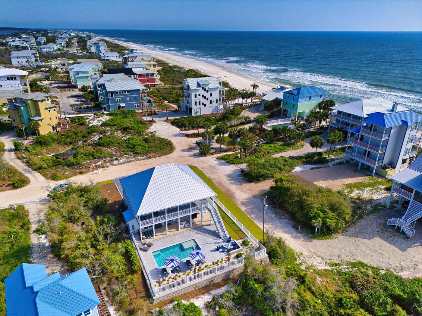 Aerial view of Ocean Bliss and its pool, steps from the beach on Cape San Blas